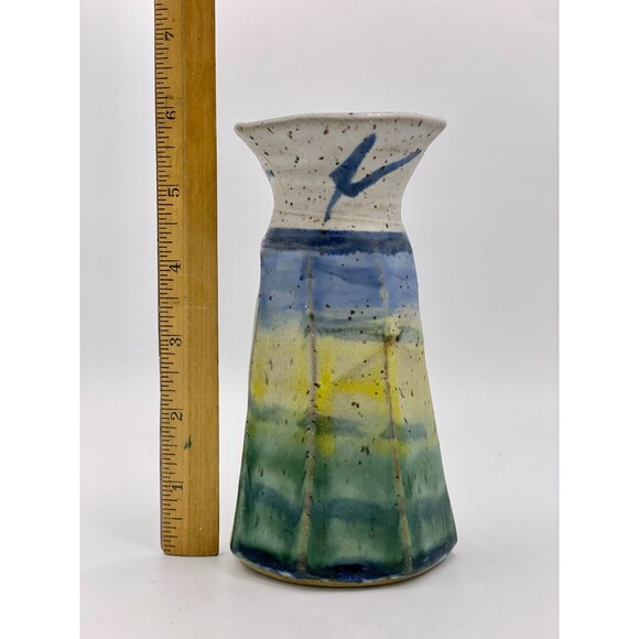 Handmade Studio Art Pottery Vase Signed MEG Sunset Glaze in Green, Yellow & Blue - Picture 8 of 10